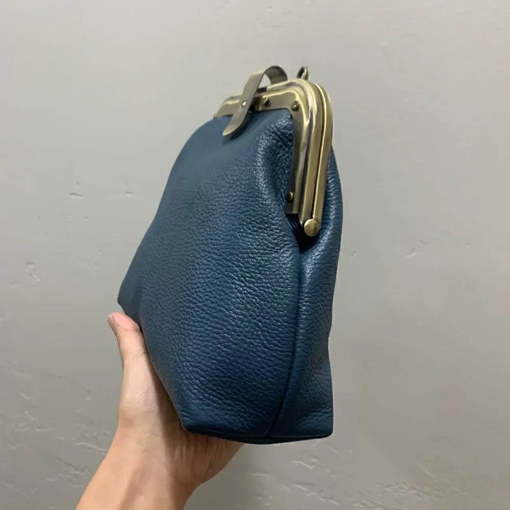 Blue Premium Pebble Leather Handmade Unique Rivet Metal Frame Handbag/Crossbody
